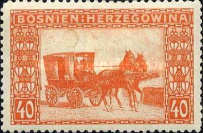 1906. Godine Izlazi Prva Serija Sa Natpisom Na Njemačkom Jeziku “Bosnien-Herzegowina”. Serija Se Sastoji Od šesnaest Maraka Sa Motivima Iz BiH. Autor Serije Je Poznati Austrijski Slikar I Grafičar Koloman Moser. U To Vrijeme Pomenuta Serija Maraka Za Bosnu I Hercegovinu Predstavlja Revoluciju U Filateliji Jer Su Se Do Tada, Pogotovo U Evropi, štampale Samo Marke Sa Grbom Cara Ili Kralja Te Likovima Aktuelnih Vladara.